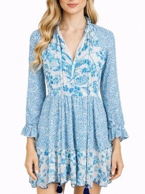 HEMANT & NANDITA Light Blue and White Floral Tiered Mini Dress